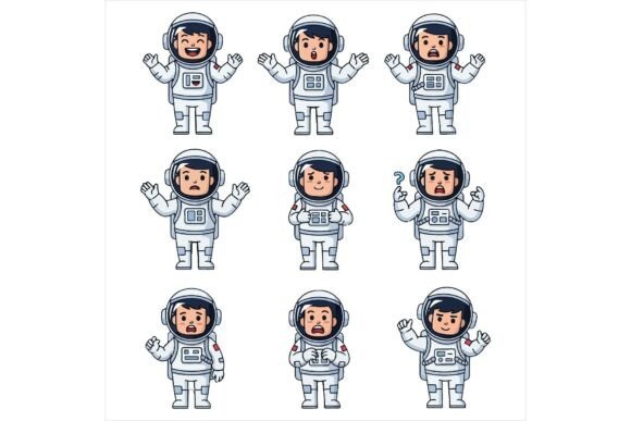 Astronauts in Various Poses Waving Hand Illustrations