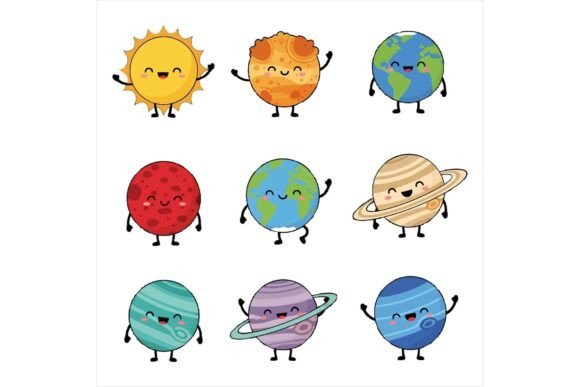 Cute Cartoon Planets and Sun Smiling Faces Illustrations