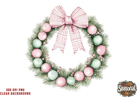 Light Pink Bow Ornament Wreath PNG for Illustrations