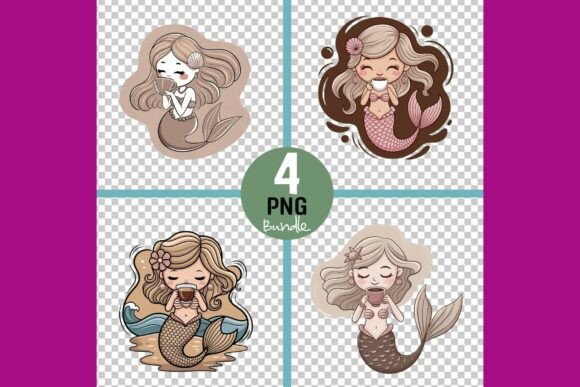 Mermaid Coffee Bundle: 4 PNG Illustrations
