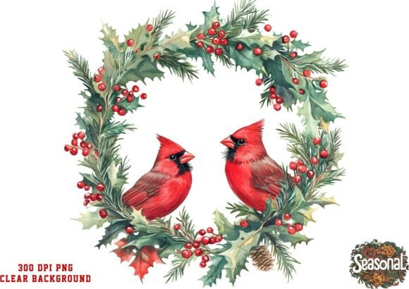 Snow Pine Cardinal Wreath PNG: Illustrations for Sellers