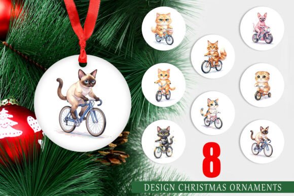Watercolor Cat Cyclist Ornament PNG: Editorial Illustrations
