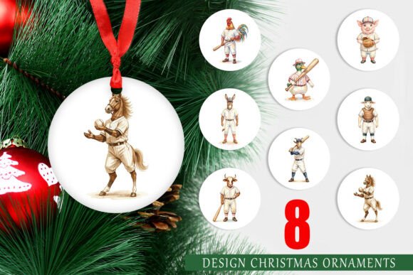 Watercolor Farm Animal Baseball Ornament Illustrations